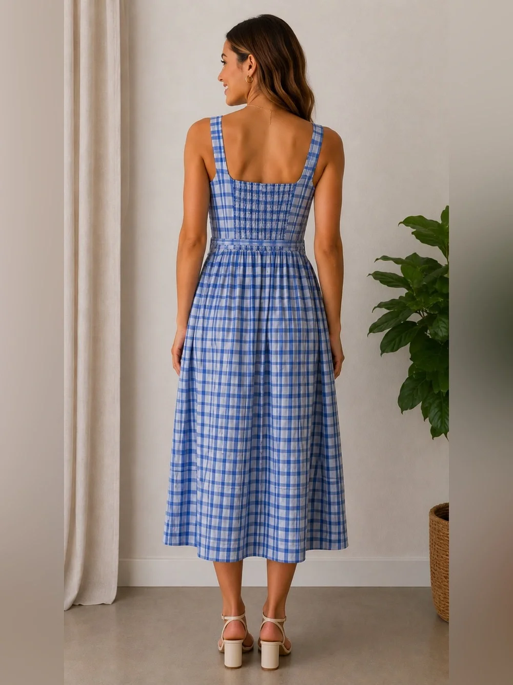 Free Assembly Blue Plaid Midi Dress Size L 12-14 NWT Cottagecore - Picture 2 of 12